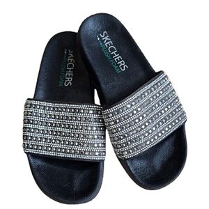 Skechers Black Slide Sandals with Silver Beaded Strap